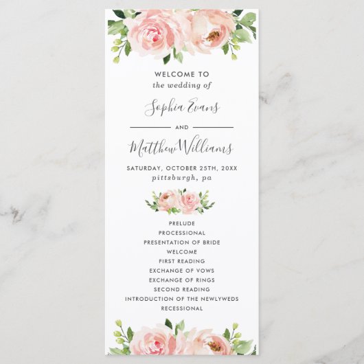 Elegant Blush Pink Floral Wedding Programme Programmakaart (Voorkant)