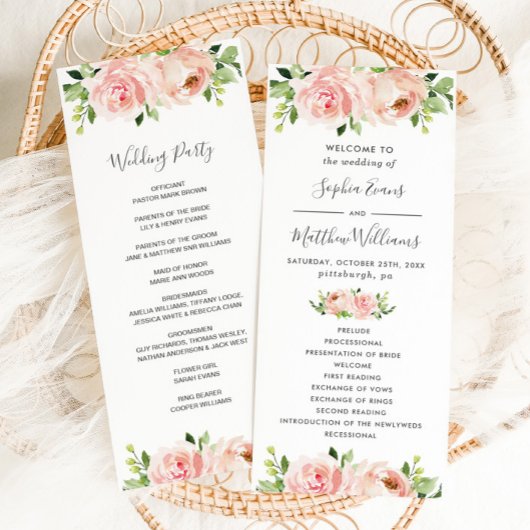 Elegant Blush Pink Floral Wedding Programme Programmakaart