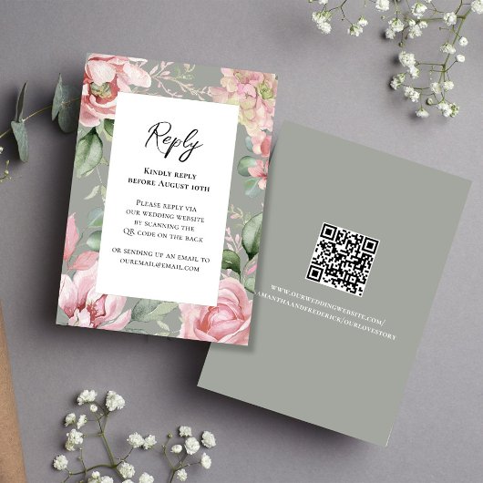 Elegant Blush Pink Floral Wedding RSVP Kaartje