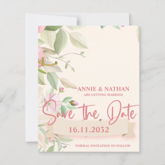 Elegant Blush Pink Floral Wedding Save the Date (Voorkant)