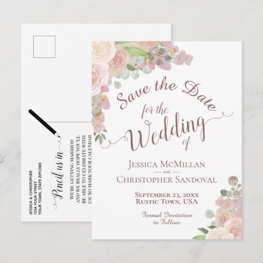 Elegant Blush Pink Floral Wedding Save the Date Aankondigingskaart (Voorkant / Achterkant)