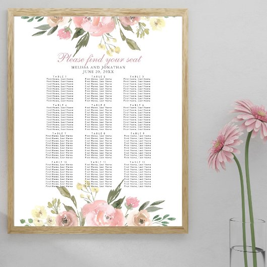 Elegant Blush Pink Floral Wedding Seating Chart Poster