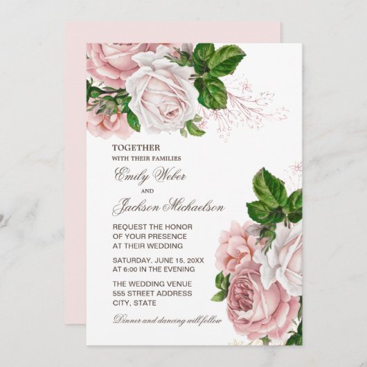 Elegant Blush Pink Floral Wedding Uitnodiging (Voorkant / Achterkant)