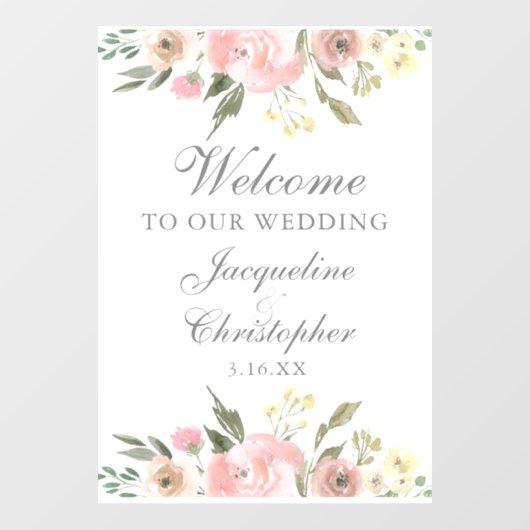 Elegant Blush Pink Floral Welkom bij ons huwelijk Raamsticker (Vel)