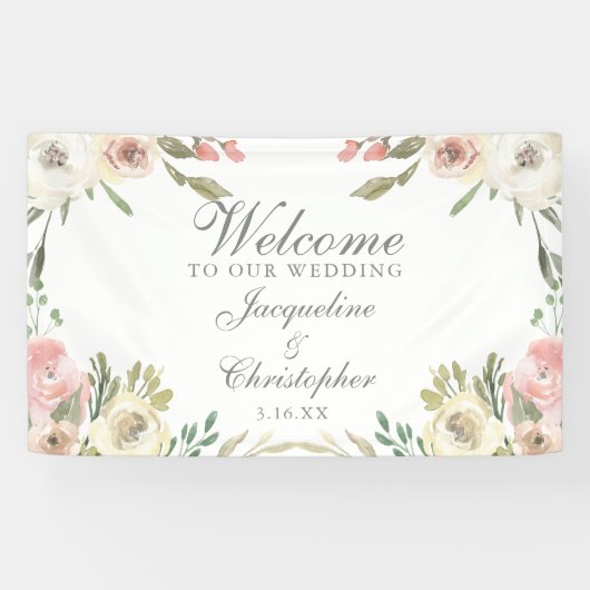 Elegant Blush Pink Floral Welkom bij ons huwelijk Spandoek (Horizontaal)
