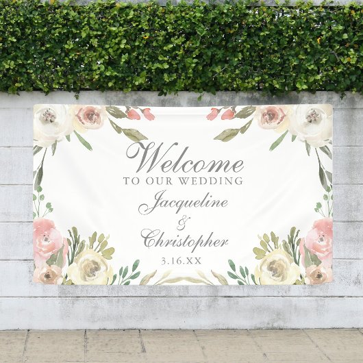 Elegant Blush Pink Floral Welkom bij ons huwelijk Spandoek