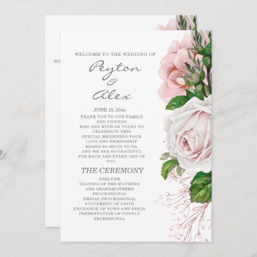 Elegant Blush Pink Floral White Wedding Programme Programmakaart (Voorkant / Achterkant)