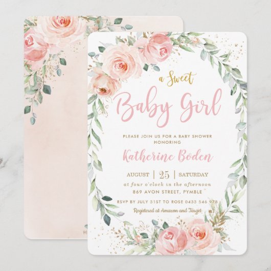 Elegant Blush Pink Floral Wreath Girl Baby shower Kaart (Voorkant / Achterkant)