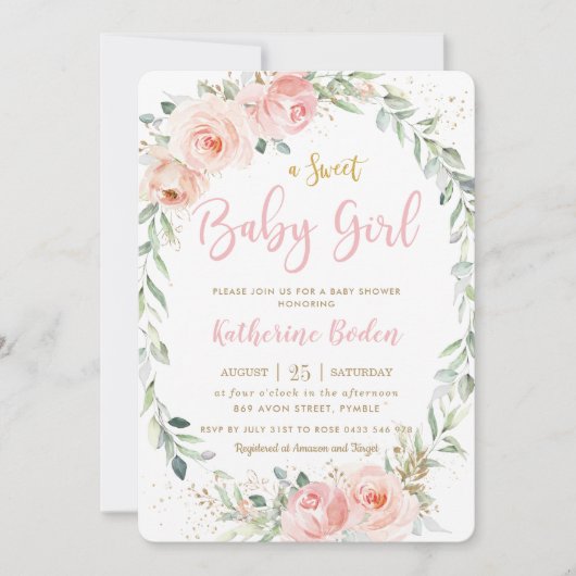 Elegant Blush Pink Floral Wreath Girl Baby shower Kaart (Voorkant)