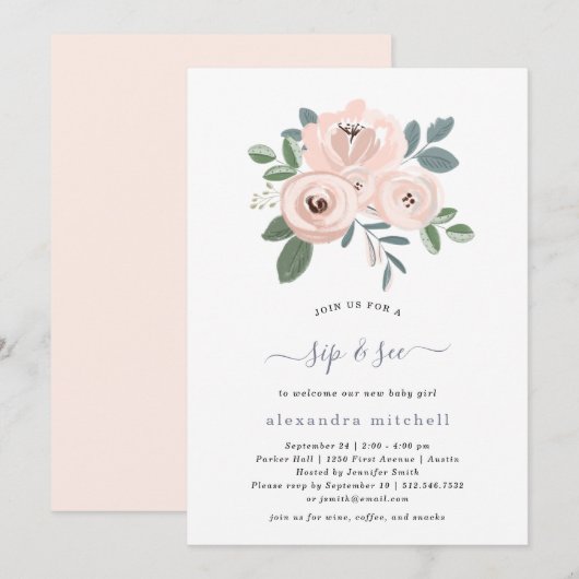 Elegant Blush Pink Flowers | Baby Sip en Zie Kaart (Voorkant / Achterkant)