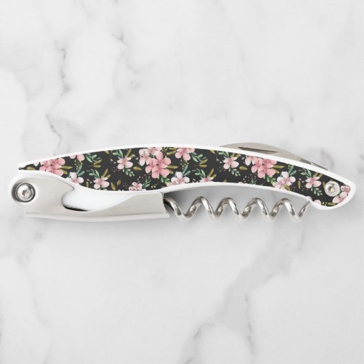 Elegant Blush Pink Flowers Black Party Wine Kurkentrekker (Voorkant)