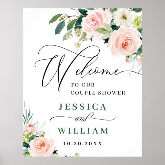 Elegant Blush Pink Flowers Boho Couples Shower Poster (Voorkant)