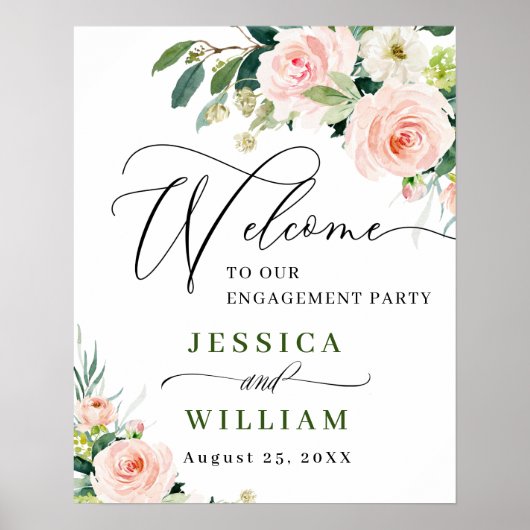 Elegant Blush Pink Flowers Engagement Party Poster (Voorkant)