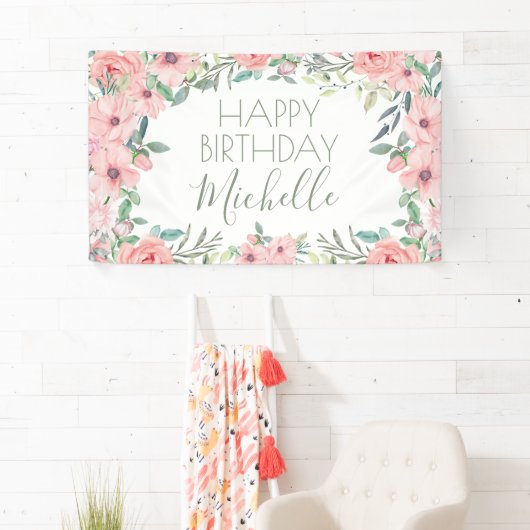 Elegant Blush Pink Flowers Happy Birthday Spandoek (Insitu)