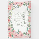 Elegant Blush Pink Flowers Happy Birthday Spandoek (Verticaal)