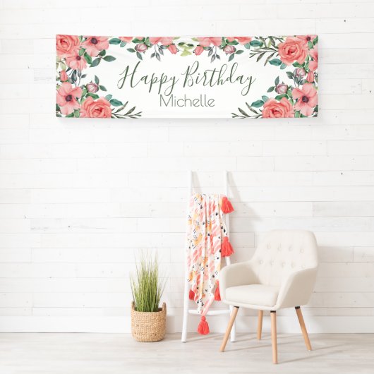 Elegant Blush Pink Flowers Happy Birthday Spandoek (Insitu)