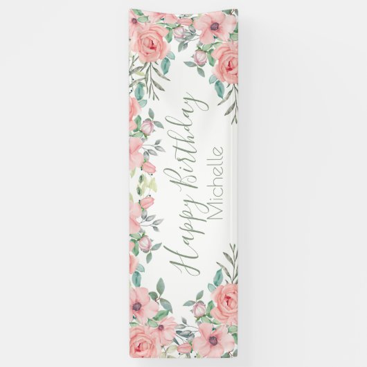 Elegant Blush Pink Flowers Happy Birthday Spandoek (Verticaal)