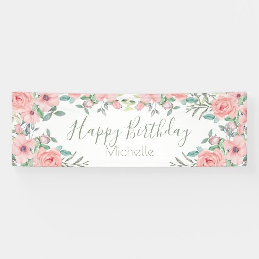 Elegant Blush Pink Flowers Happy Birthday Spandoek (Horizontaal)