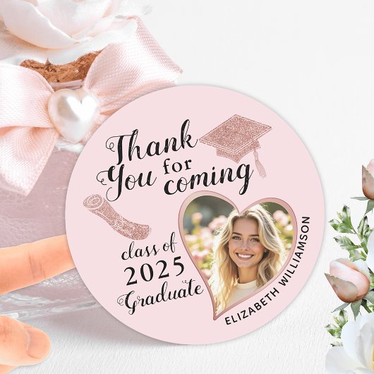 Elegant Blush Pink foto Afstuderen Dank u Ronde Sticker