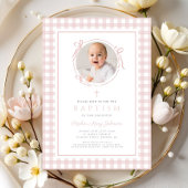 Elegant Blush Pink Gingham Photo Girl Baptism Kaart