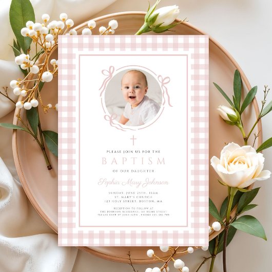 Elegant Blush Pink Gingham Photo Girl Baptism Kaart