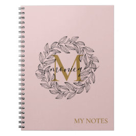 Elegant Blush Pink Girly Floral Gold Monogram Naam Notitieboek