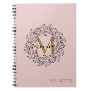 Elegant Blush Pink Girly Floral Gold Monogram Naam Notitieboek