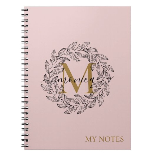 Elegant Blush Pink Girly Floral Gold Monogram Naam Notitieboek (Voorkant)