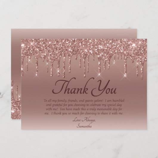 Elegant Blush Pink Glitter Drip Birthday Dank je Bedankkaart (Voorkant / Achterkant)