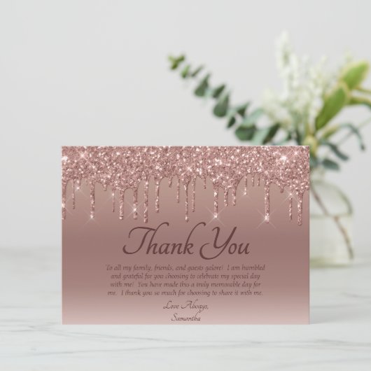 Elegant Blush Pink Glitter Drip Birthday Dank je Bedankkaart (Staand voorkant)