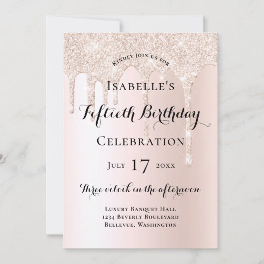 Elegant Blush Pink Glitter Drips 50e verjaardag Kaart (Voorkant)