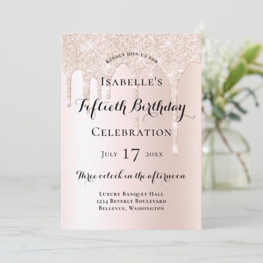 Elegant Blush Pink Glitter Drips 50e verjaardag Kaart (Staand voorkant)