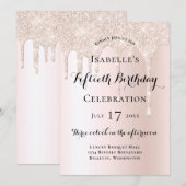 Elegant Blush Pink Glitter Drips 50e verjaardag Kaart (Voorkant / Achterkant)