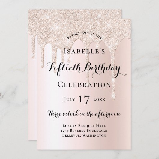 Elegant Blush Pink Glitter Drips 50e verjaardag Kaart (Voorkant / Achterkant)