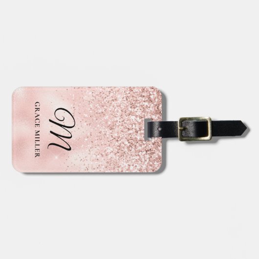 Elegant Blush Pink Glitter Monogram Bagagelabel (Voorkant horizontaal)