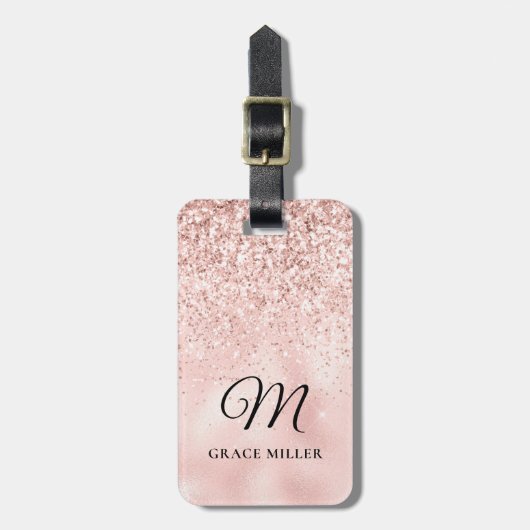 Elegant Blush Pink Glitter Monogram Bagagelabel (Voorkant verticaal)