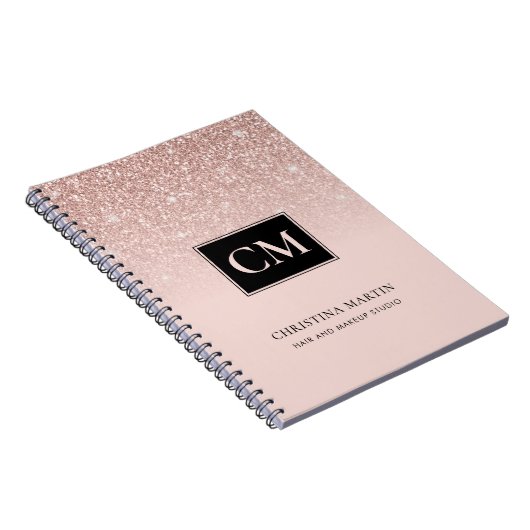Elegant Blush Pink Glitter Ombre Monogram Notitieb Notitieboek (Rechterzijde)