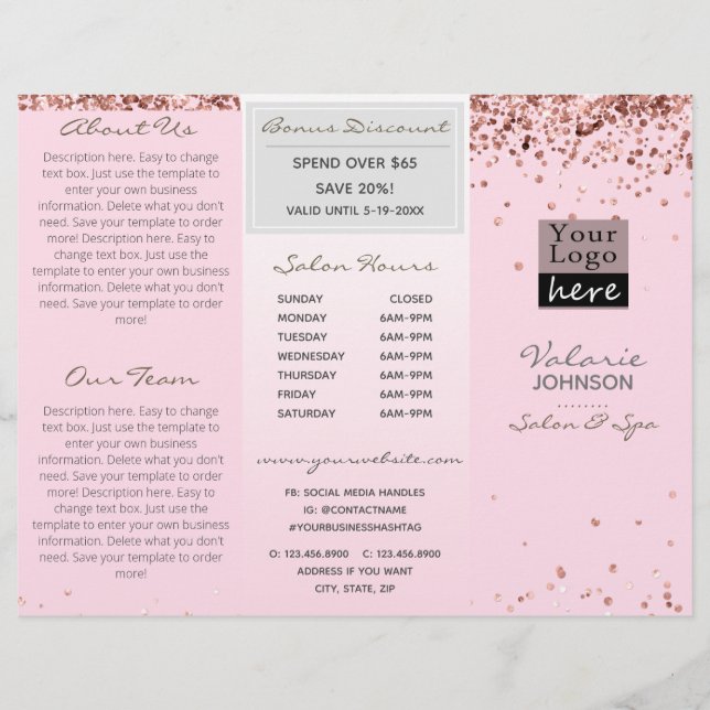 Elegant Blush Pink Glitter Trifold Salon Brochure (Voorkant)
