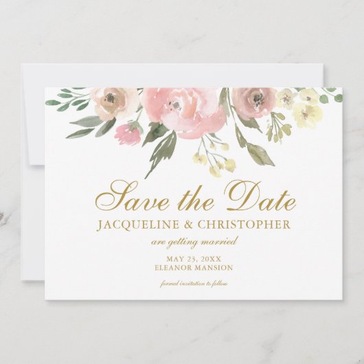 Elegant Blush Pink Gold Bloemenfoto Save the Date (Voorkant)