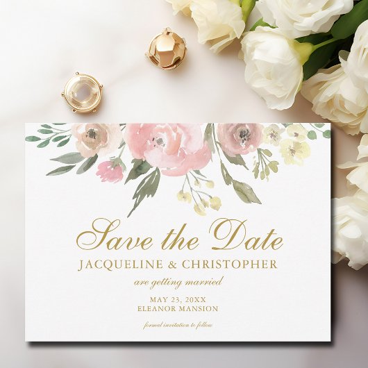 Elegant Blush Pink Gold Bloemenfoto Save the Date