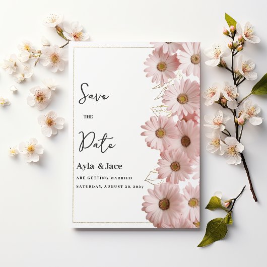 Elegant blush pink gold daisy floral Save the Date Kaart