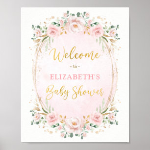 Elegant Blush Pink Gold Floral Baby shower Welkom Poster