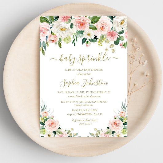 Elegant Blush Pink Gold Floral Baby Sprinkle Kaart