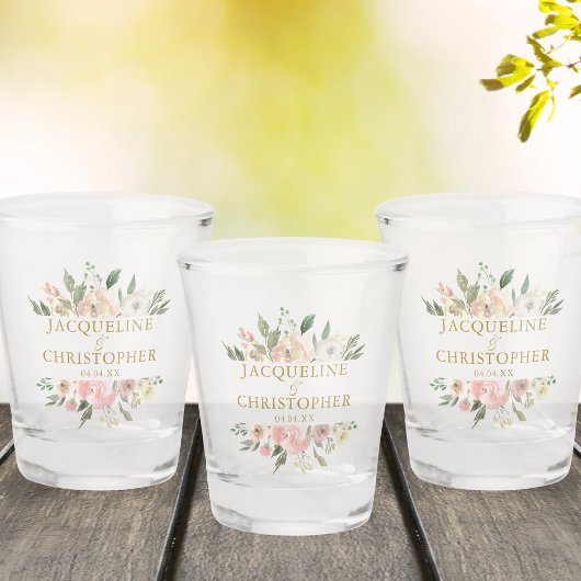 Elegant Blush Pink Gold Floral Custom Wedding Shot Glas