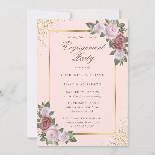 Elegant Blush Pink Gold Floral Engagement Party Kaart (Voorkant)