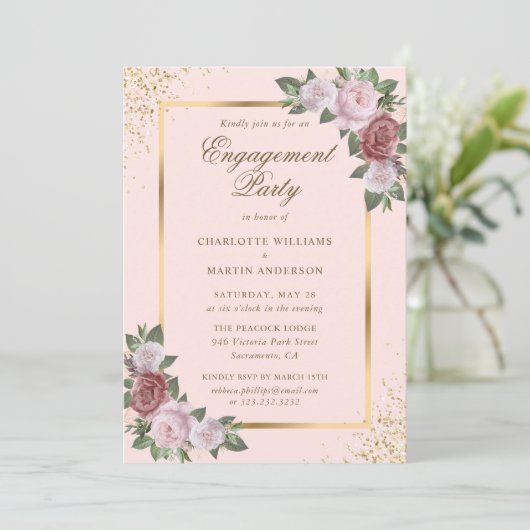 Elegant Blush Pink Gold Floral Engagement Party Kaart (Staand voorkant)