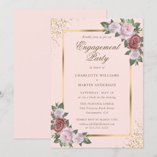 Elegant Blush Pink Gold Floral Engagement Party Kaart (Voorkant / Achterkant)