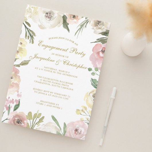 Elegant Blush Pink Gold Floral Engagement Party Kaart