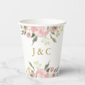 Elegant Blush Pink Gold Floral Monogram Weddenscha Papieren Bekers (Voorkant)