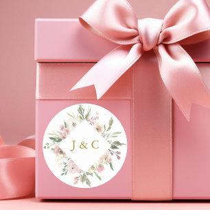 Elegant Blush Pink Gold Floral Monogram Weddenscha Ronde Sticker